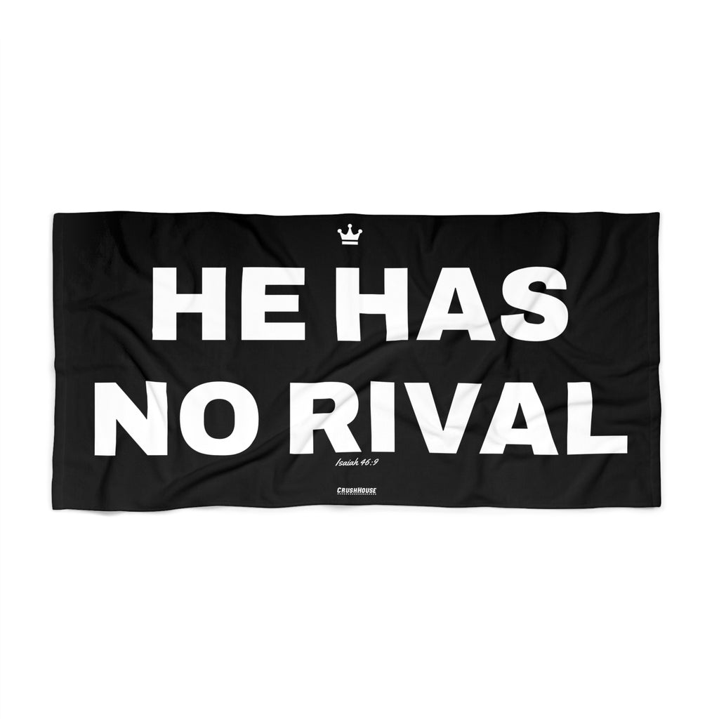 He Has No Rival (Isaiah 46:9) — Bold Black Christian Scripture Beach Towel
