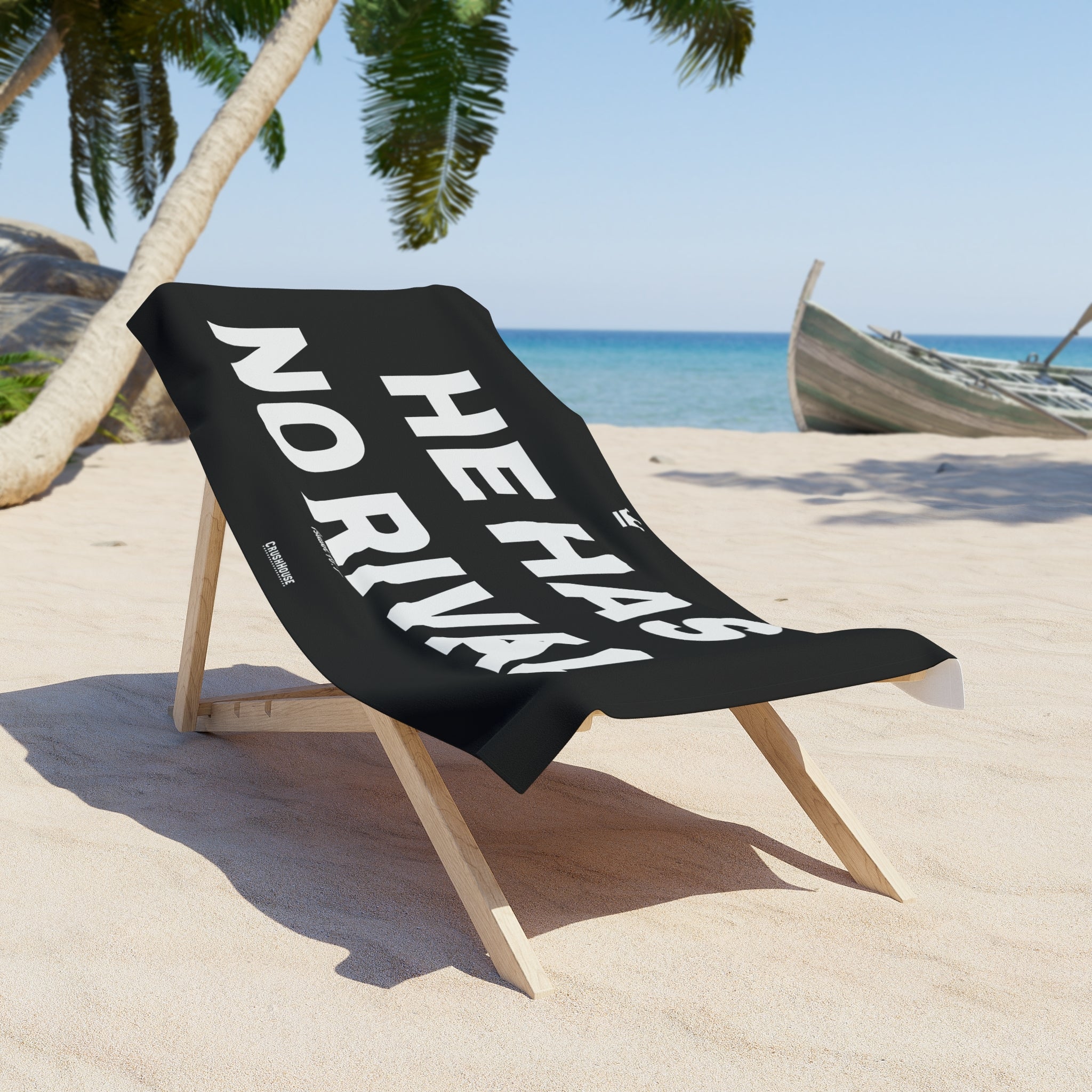 He Has No Rival (Isaiah 46:9) — Bold Black Christian Scripture Beach Towel